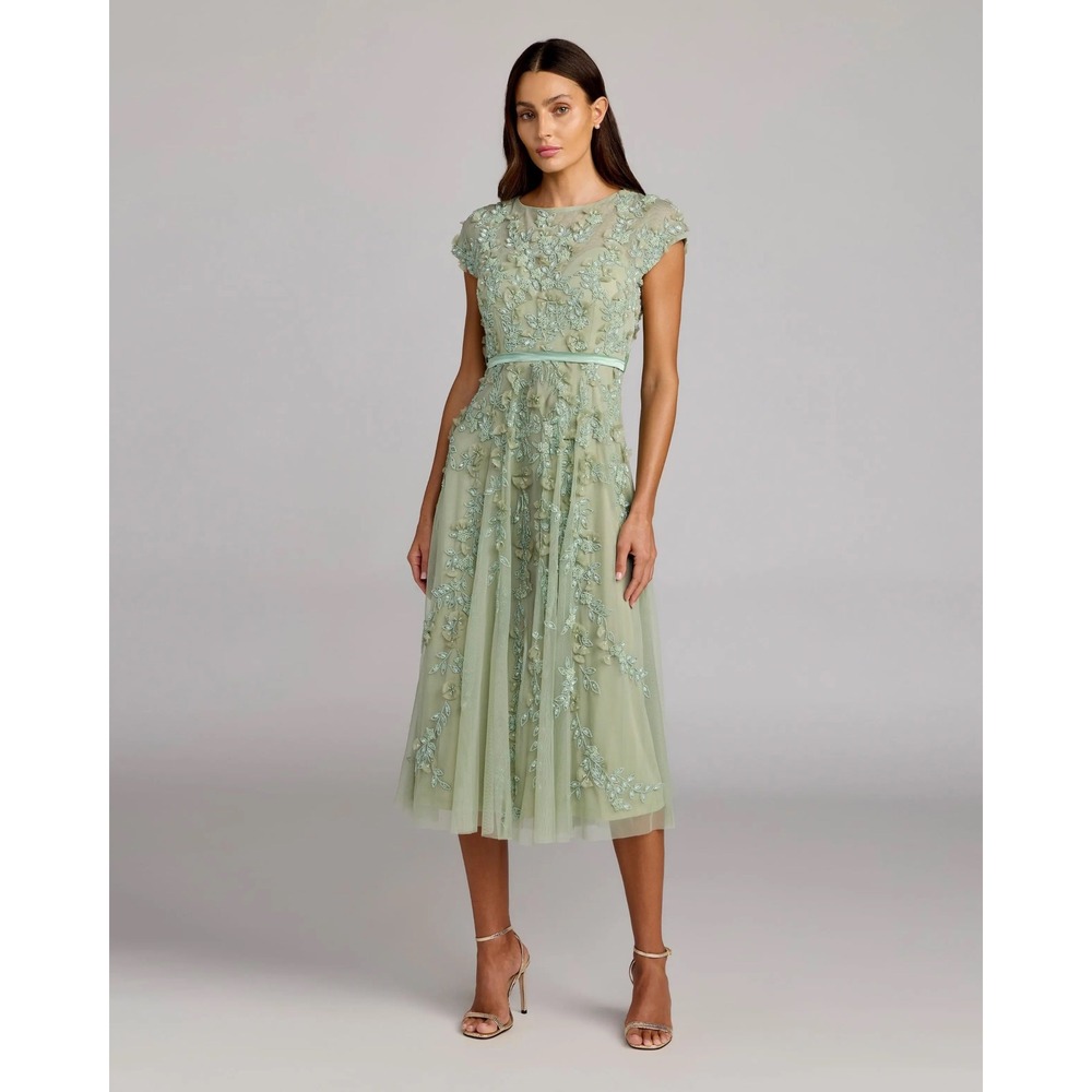Mac Duggal 94339 Sage Green Beaded Floral Applique Midi Dress NWT 10 $595
